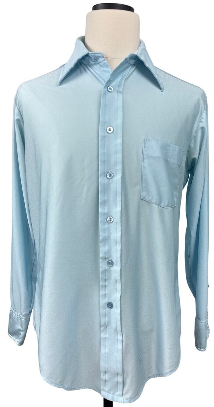 Vintage 70s Career Club Baby Blue Qiana Nylon Disco Shirt Men’s Large